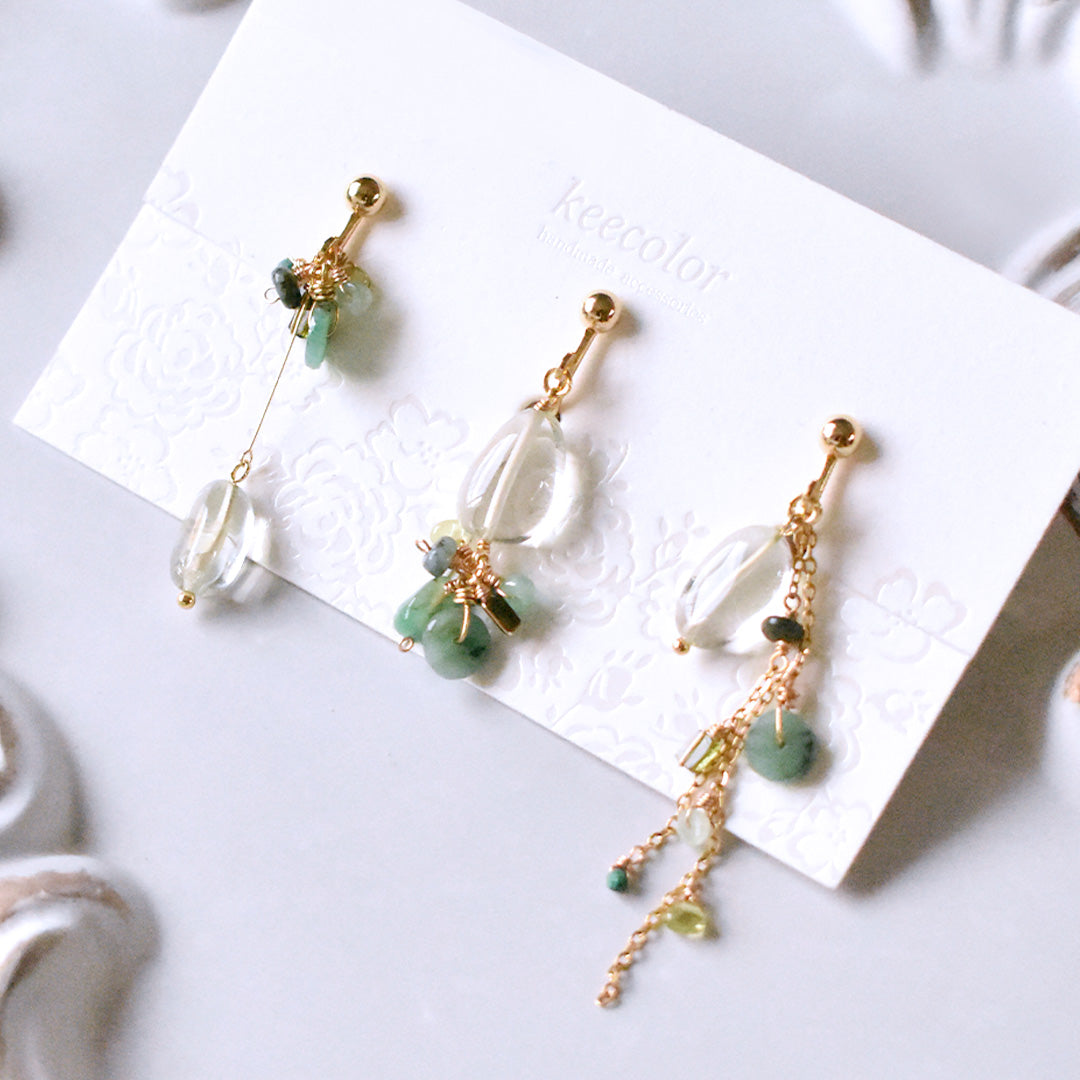 グリーンアメジストイヤリング（若葉） 5月誕生石 エメラルド×グリーンアメジストGL イヤリング（ピアス変更可