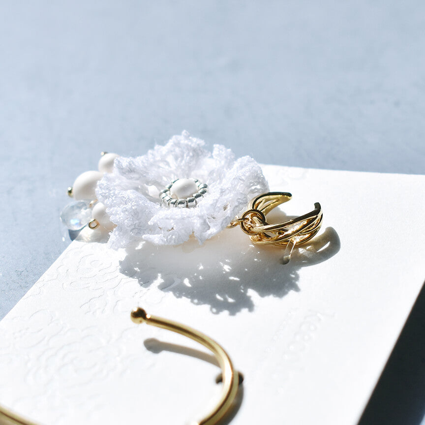 国産樹脂パール・天然石とレース編みのイヤーフック・イヤーカフセット